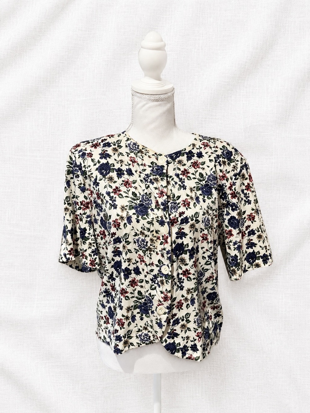 Button-Front Floral Blouse in Ivory with Blue & Burgundy Flowers